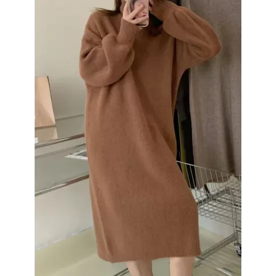 Solid Color Long Sleeves Loose High Neck Sweater Dresses Midi Dresses