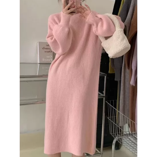 Solid Color Long Sleeves Loose High Neck Sweater Dresses Midi Dresses