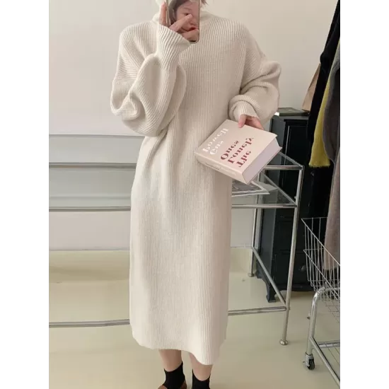 Solid Color Long Sleeves Loose High Neck Sweater Dresses Midi Dresses