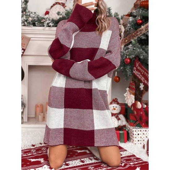 Contrast Color Plaid Long Sleeves Loose High Neck Sweater Dresses Mini Dresses