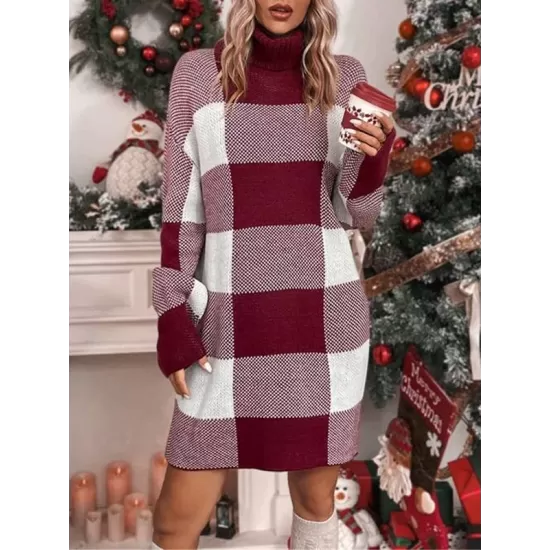 Contrast Color Plaid Long Sleeves Loose High Neck Sweater Dresses Mini Dresses