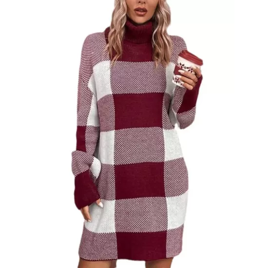 Contrast Color Plaid Long Sleeves Loose High Neck Sweater Dresses Mini Dresses