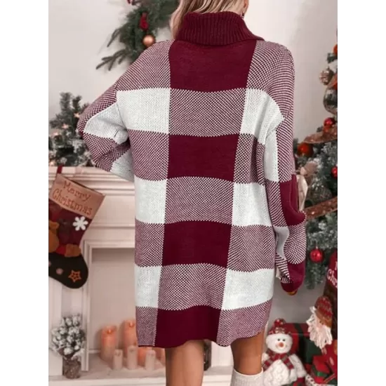 Contrast Color Plaid Long Sleeves Loose High Neck Sweater Dresses Mini Dresses