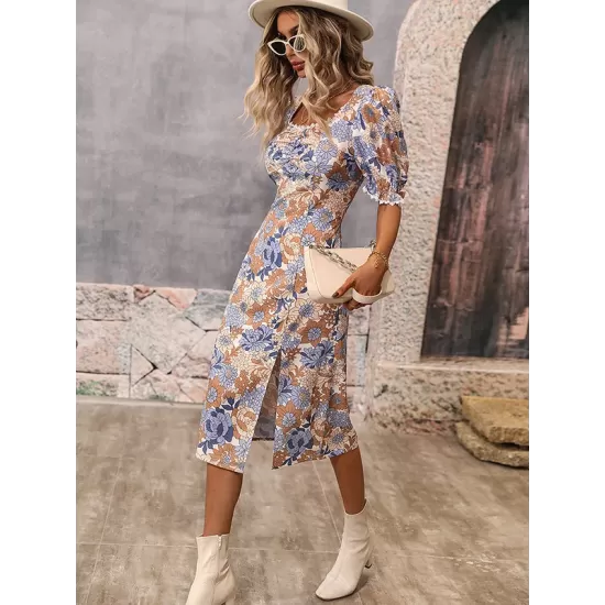 Vacation Wrap Floral U-Neck Dress