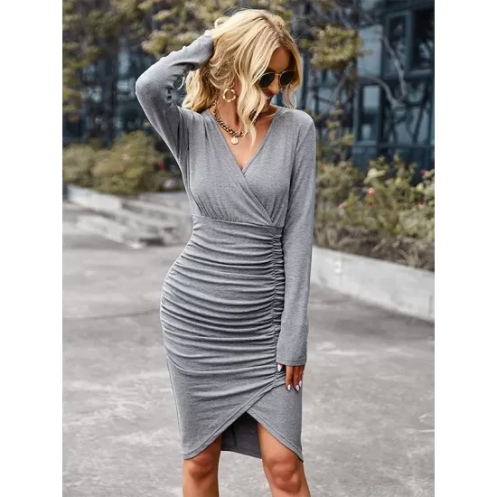 Casual Wrap Solid Color V-Neck Dress