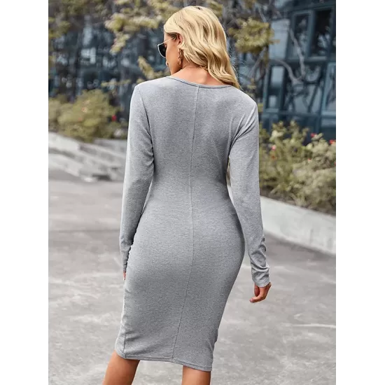 Casual Wrap Solid Color V-Neck Dress