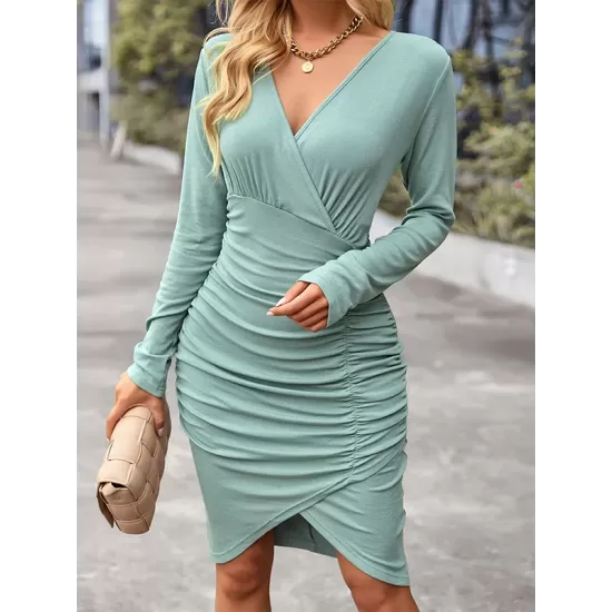 Casual Wrap Solid Color V-Neck Dress