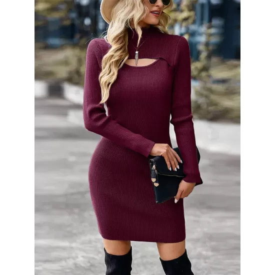 Casual Wrap Solid Color High-Neck Dress