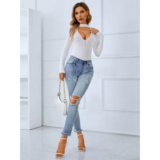 Casual Wrap Long Sleeves Solid Deep V-Neck Bodysuit