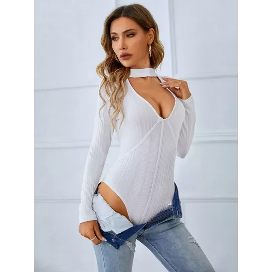 Casual Wrap Long Sleeves Solid Deep V-Neck Bodysuit