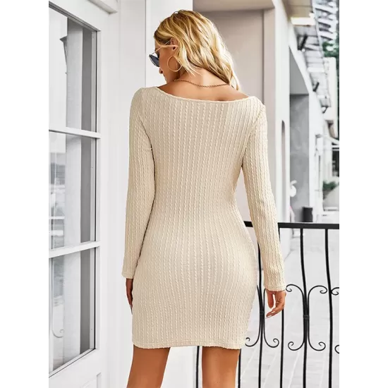 Vacation Long Sleeves Wrap Solid Color U-Neck Dress