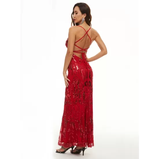 Evening Wrap A-Line Backless Embroidered V-Neck Maxi Dress