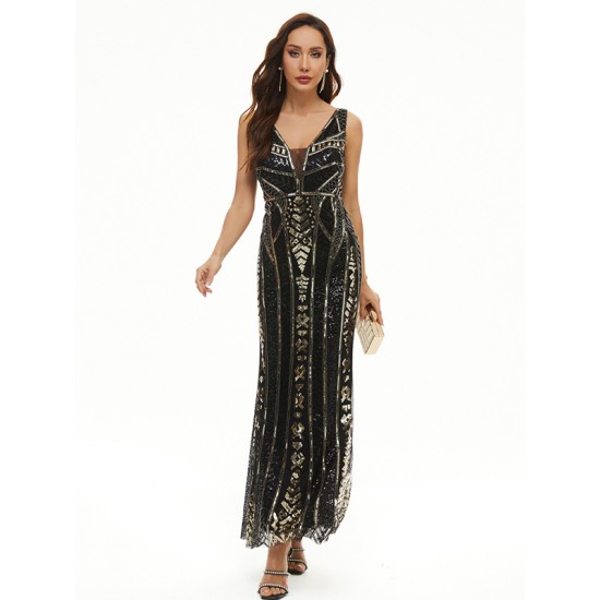 Evening Sleeveless Wrap Mesh Backless Embroidered V-Neck Maxi Dress