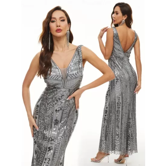 Evening Sleeveless Wrap Mesh Backless Embroidered V-Neck Maxi Dress