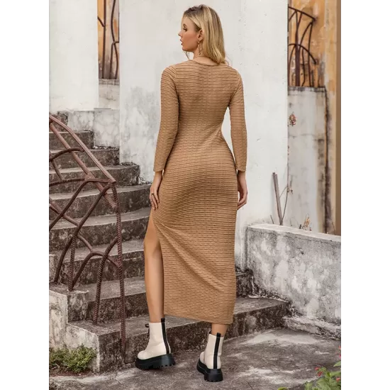 Casual Long Sleeves Wrap Hollow Solid Color V-Neck Midi Dress