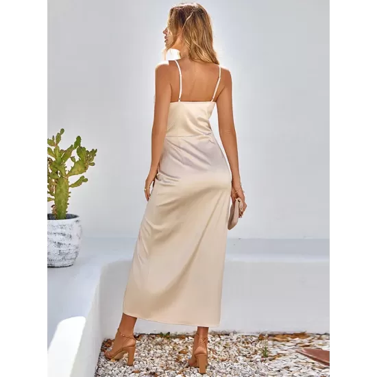 Vacation Sleeveless Wrap Solid Color U-Neck Maxi Dress