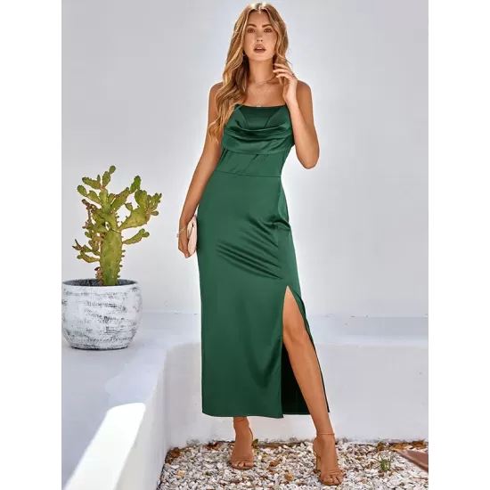 Vacation Sleeveless Wrap Solid Color U-Neck Maxi Dress