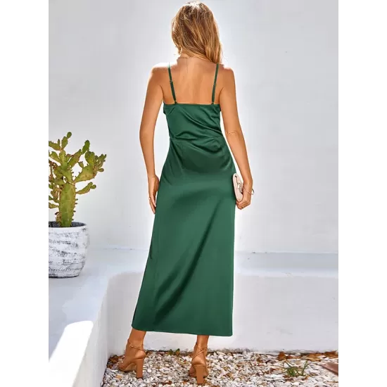 Vacation Sleeveless Wrap Solid Color U-Neck Maxi Dress