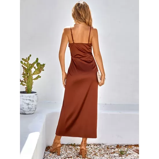 Vacation Sleeveless Wrap Solid Color U-Neck Maxi Dress