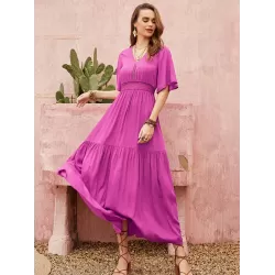 Vacation Half Sleeves Wrap Solid Color V-Neck Maxi Dress