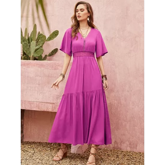 Vacation Half Sleeves Wrap Solid Color V-Neck Maxi Dress