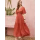 Vacation Half Sleeves Wrap Solid Color V-Neck Maxi Dress