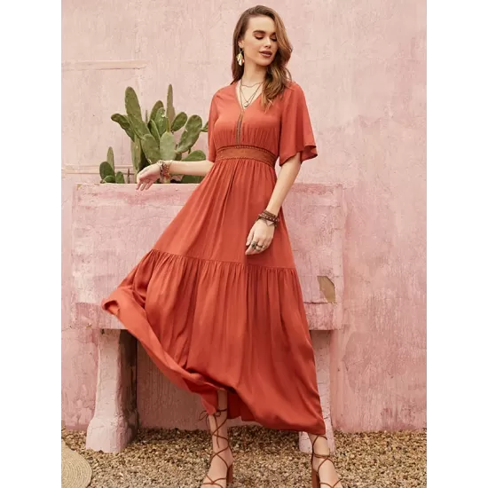 Vacation Half Sleeves Wrap Solid Color V-Neck Maxi Dress