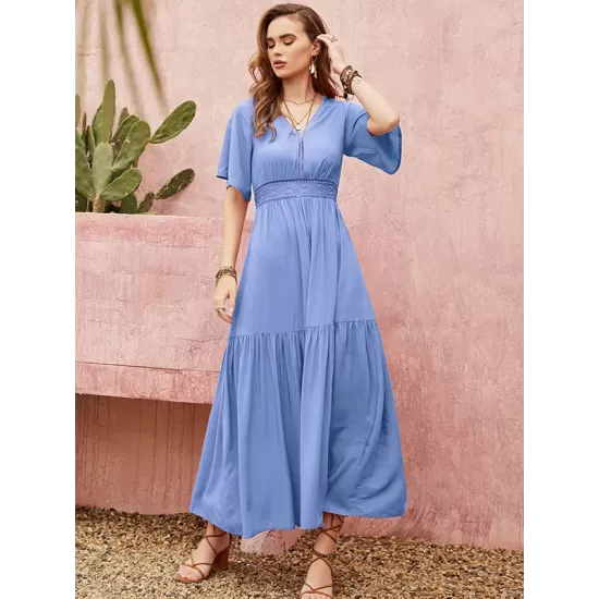 Vacation Half Sleeves Wrap Solid Color V-Neck Maxi Dress