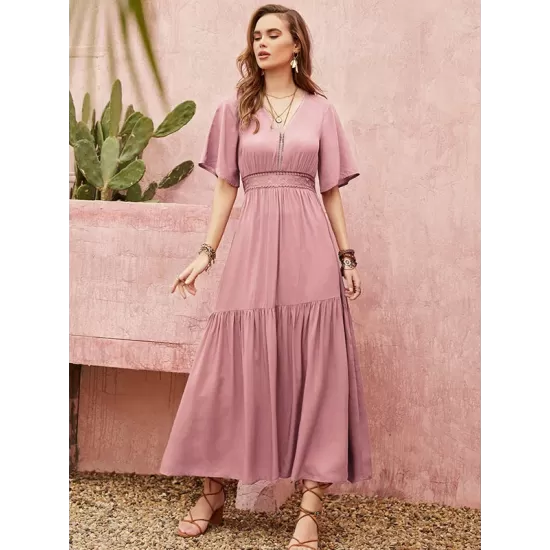 Vacation Half Sleeves Wrap Solid Color V-Neck Maxi Dress