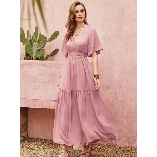 Vacation Half Sleeves Wrap Solid Color V-Neck Maxi Dress