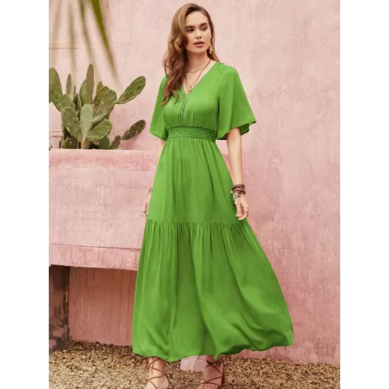 Vacation Half Sleeves Wrap Solid Color V-Neck Maxi Dress