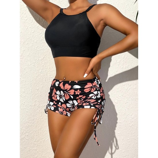 Wrap Floral Printed Halter-Neck Bikini Swimsuit