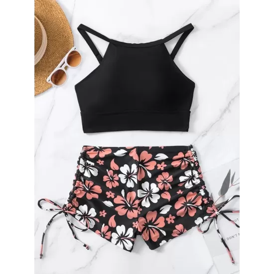 Wrap Floral Printed Halter-Neck Bikini Swimsuit