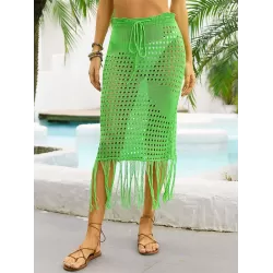 Bandage Hollow See-Through Solid Color Tasseled Wrap Cover-Ups Swimwear