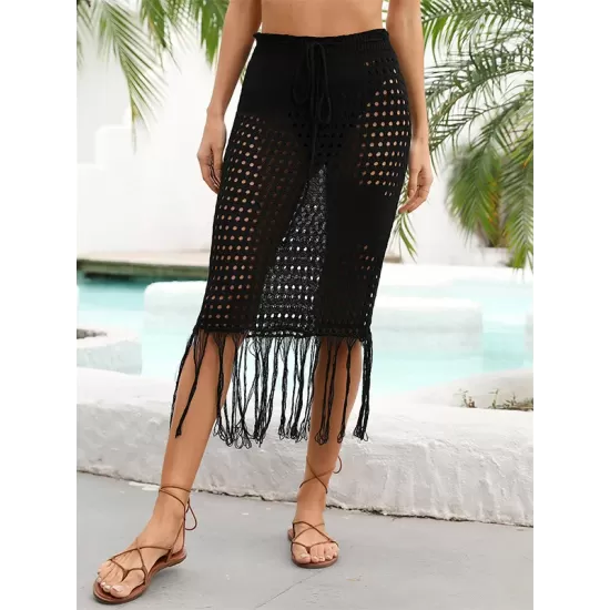 Bandage Hollow See-Through Solid Color Tasseled Wrap Cover-Ups Swimwear