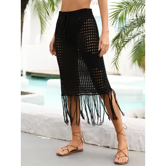 Bandage Hollow See-Through Solid Color Tasseled Wrap Cover-Ups Swimwear