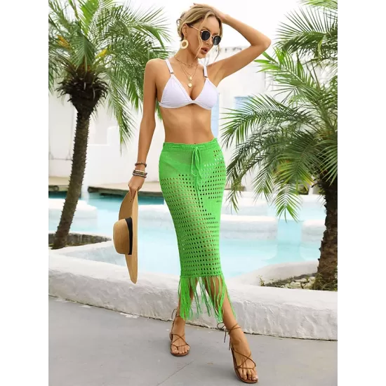 Bandage Hollow See-Through Solid Color Tasseled Wrap Cover-Ups Swimwear