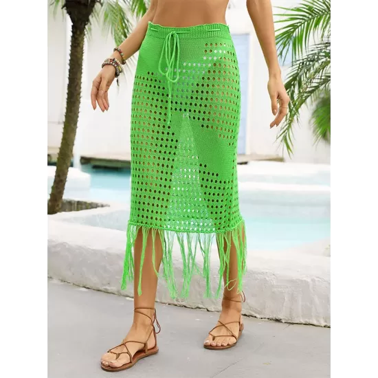 Bandage Hollow See-Through Solid Color Tasseled Wrap Cover-Ups Swimwear