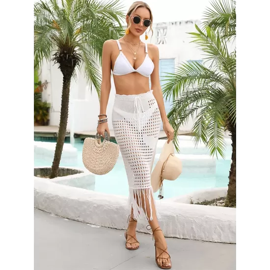 Bandage Hollow See-Through Solid Color Tasseled Wrap Cover-Ups Swimwear