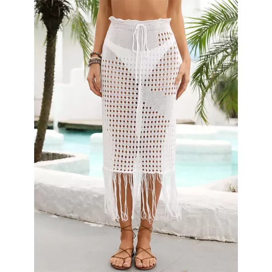 Bandage Hollow See-Through Solid Color Tasseled Wrap Cover-Ups Swimwear