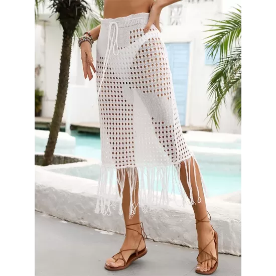 Bandage Hollow See-Through Solid Color Tasseled Wrap Cover-Ups Swimwear