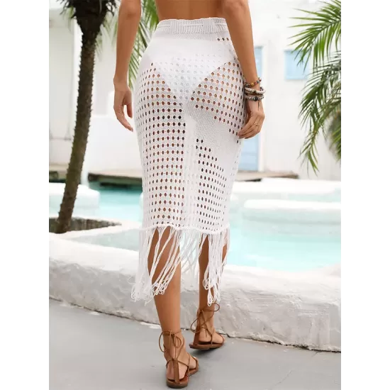 Bandage Hollow See-Through Solid Color Tasseled Wrap Cover-Ups Swimwear