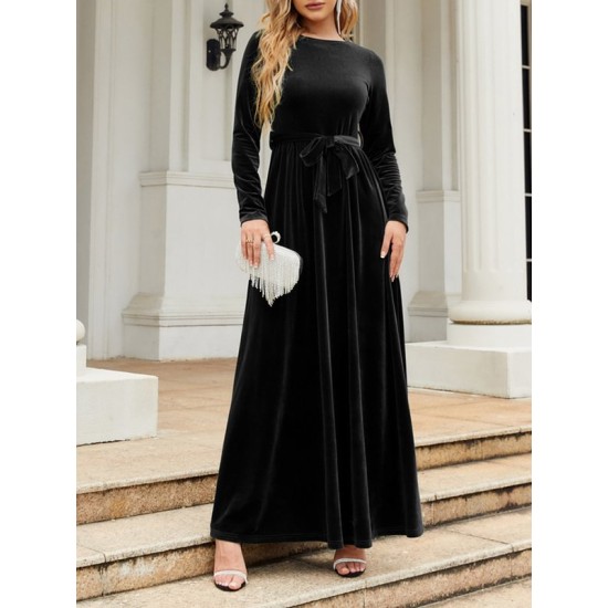 Belted Pleated Solid Color Zipper Long Sleeves Wrap Round-Neck Maxi Dresses