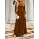 Belted Pleated Solid Color Zipper Long Sleeves Wrap Round-Neck Maxi Dresses