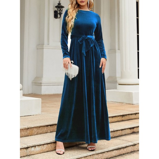 Belted Pleated Solid Color Zipper Long Sleeves Wrap Round-Neck Maxi Dresses