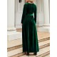 Belted Pleated Solid Color Zipper Long Sleeves Wrap Round-Neck Maxi Dresses