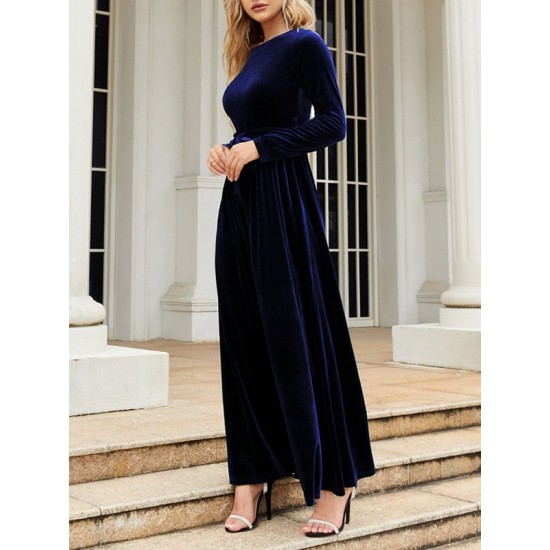 Belted Pleated Solid Color Zipper Long Sleeves Wrap Round-Neck Maxi Dresses