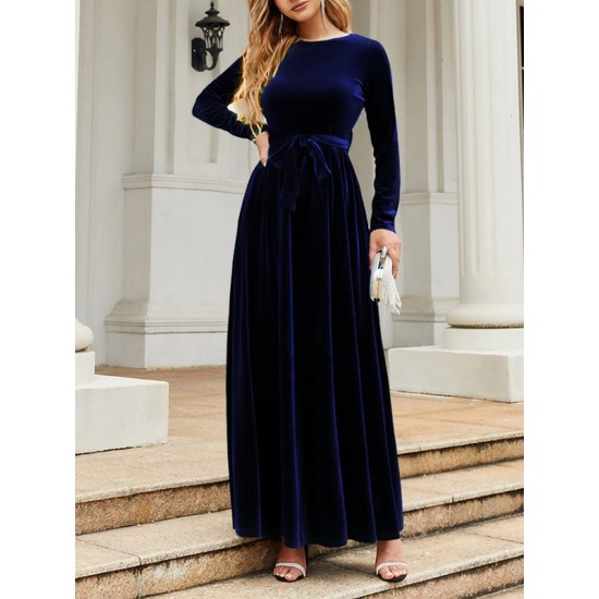 Belted Pleated Solid Color Zipper Long Sleeves Wrap Round-Neck Maxi Dresses