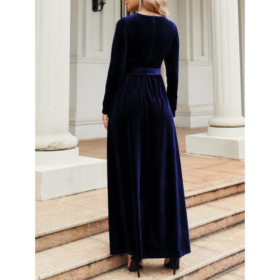 Belted Pleated Solid Color Zipper Long Sleeves Wrap Round-Neck Maxi Dresses