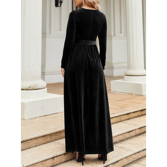 Belted Pleated Solid Color Zipper Long Sleeves Wrap Round-Neck Maxi Dresses